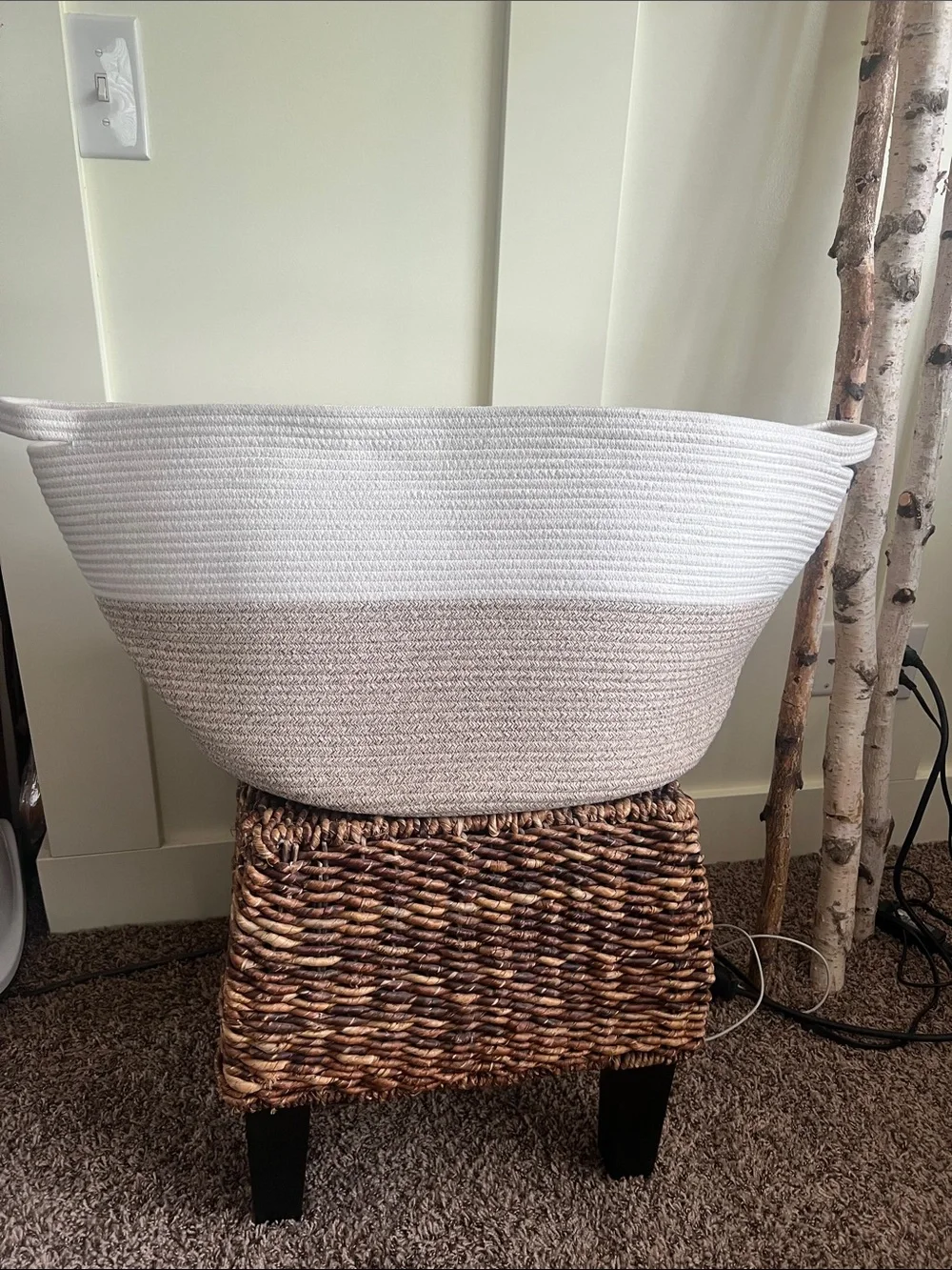 Two-Tone White and Tan Cotton Rope Storage Basket